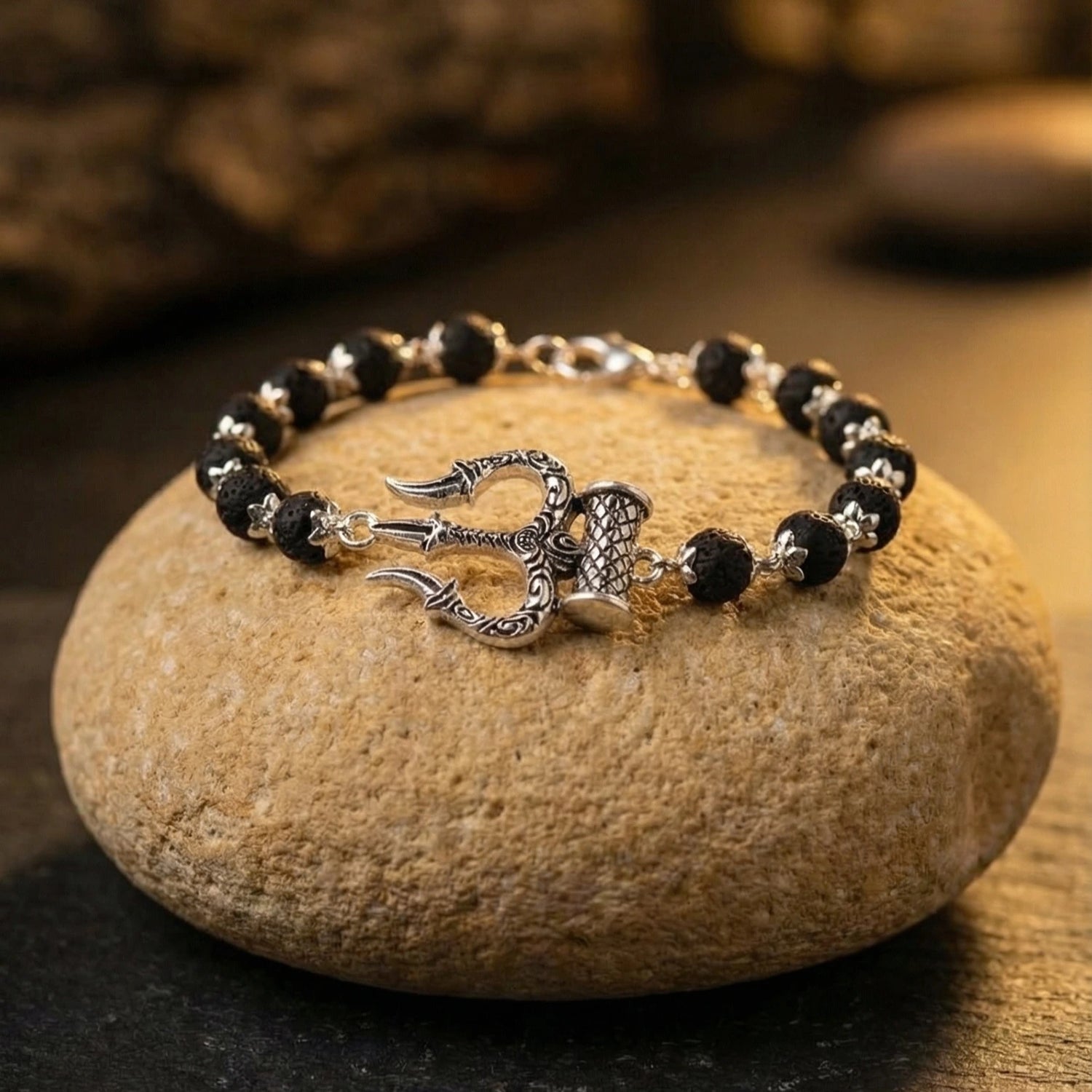 Silver Cap Karungali Trishul Damroo Bracelet