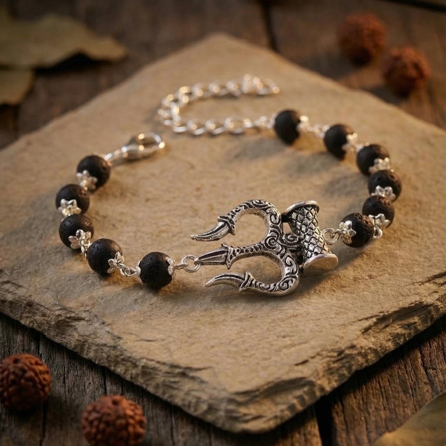 Silver Cap Karungali Trishul Damroo Bracelet