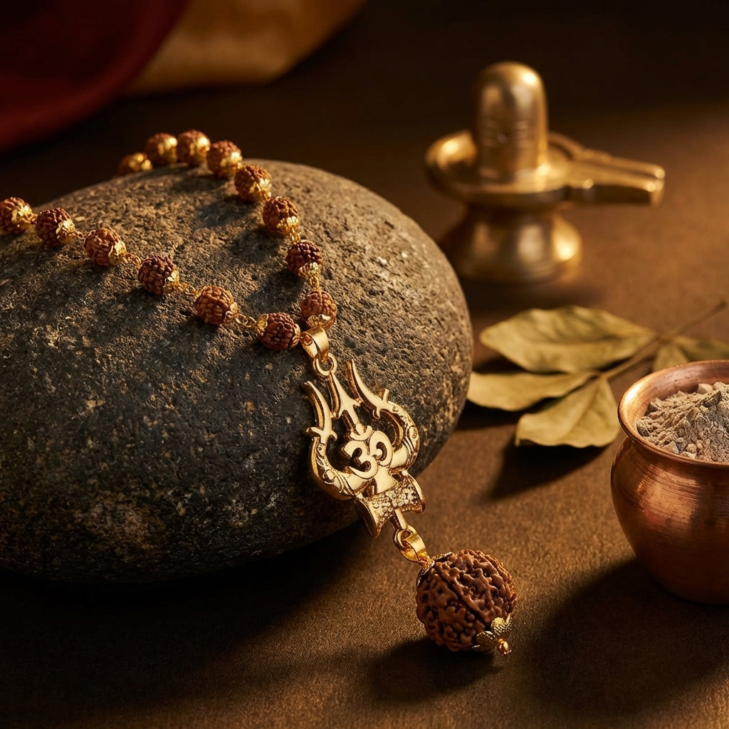 Gold Capped Rudraksha Mala with Trishul Damroo and 5 Mukhi Rudraksha