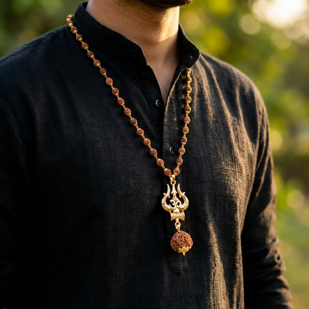 Gold Capped Rudraksha Mala with Trishul Damroo and 5 Mukhi Rudraksha
