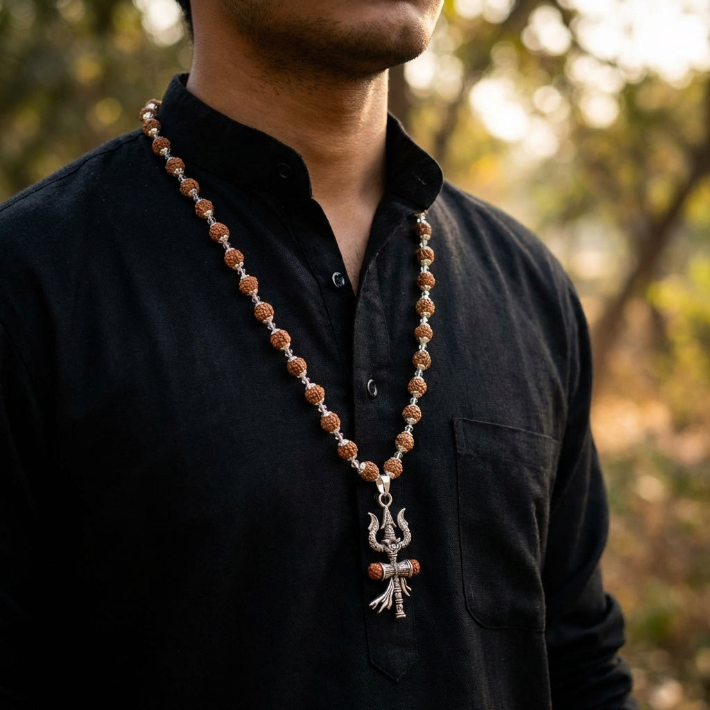 Silver Cap Rudraksha Mala with Trishul Damroo