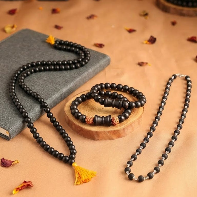 Rudra-Karungali Mahaset: Certified Mala, Necklace & 2 Damru Bracelet Combo