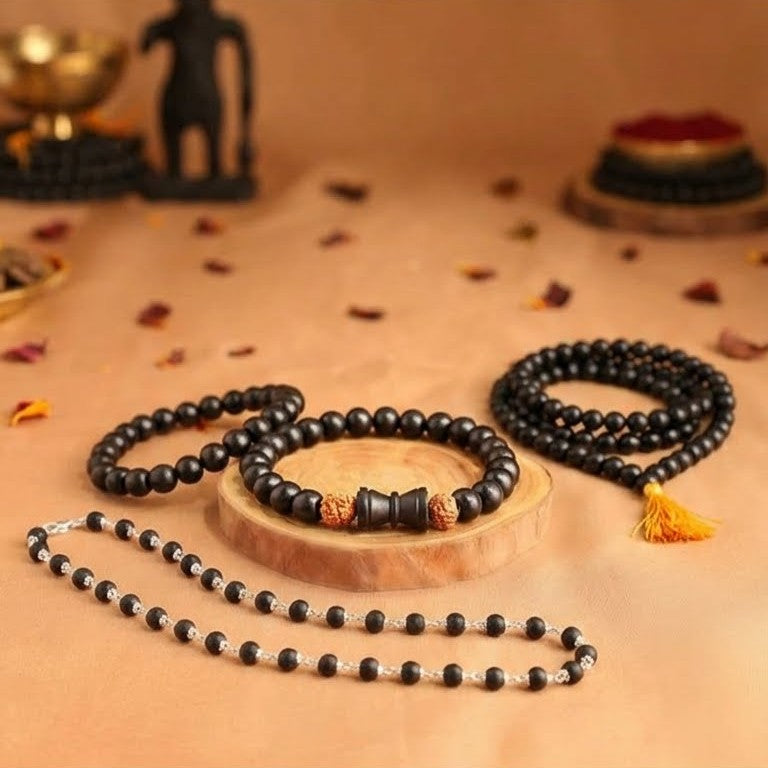 Rudra-Karungali Mahaset: Certified Mala, Necklace & 2 Damru Bracelet Combo