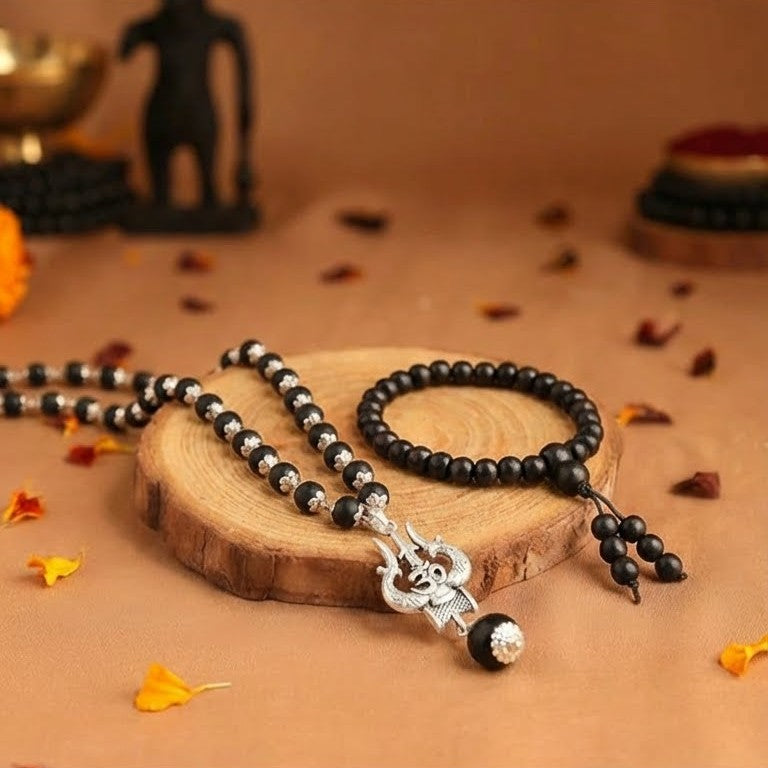 Divine Protection Combo: Certified Karungali Mala & Bracelet with OM Shiva Trishul Pendant
