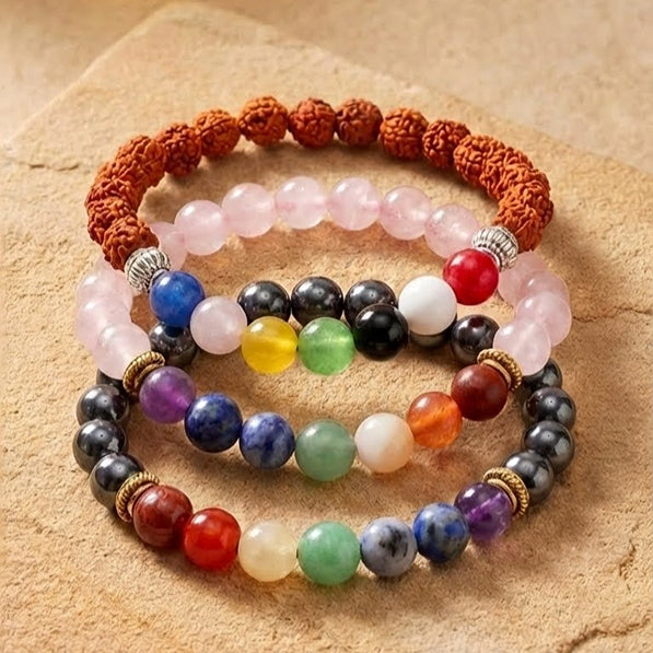 Chakra Trinity Combo: Tourmaline, Rose Quartz & 7 Chakra Rudraksha Trio