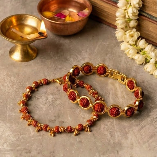 Lakshmi-Rudra Sangam: Gold-Plated Round Rudraksha & Elegant Stree-Shakti Bracelet Duo
