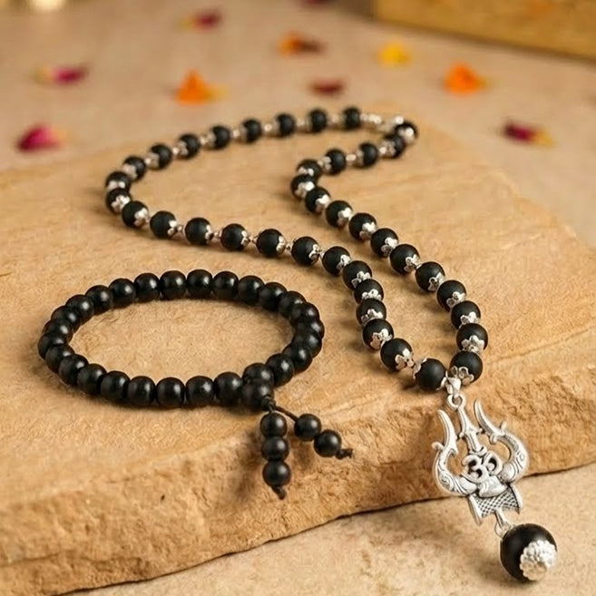 Divine Protection Combo: Certified Karungali Mala & Bracelet with OM Shiva Trishul Pendant