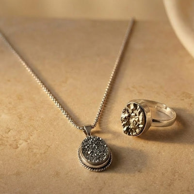 Dhanam Pyrite Combo: Raw Stone Ring & Manifestation Pendant