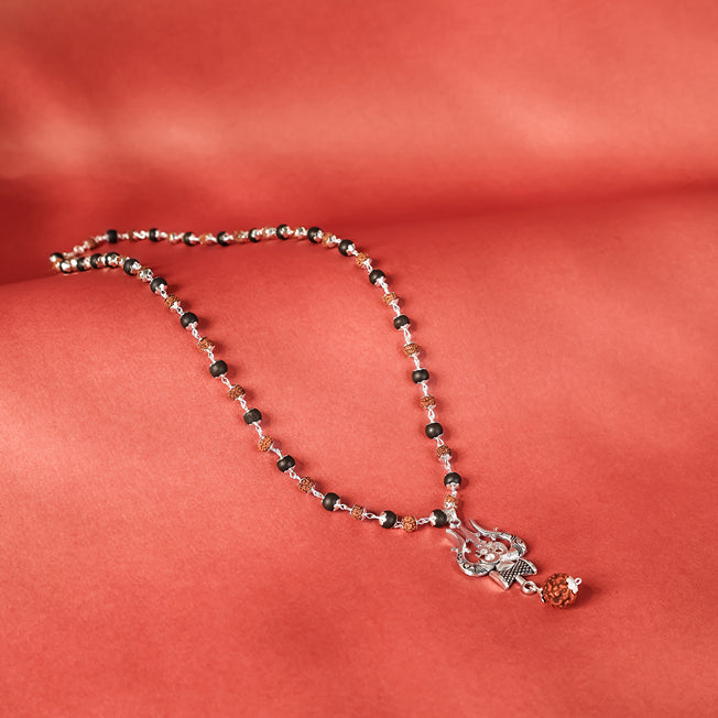 Rudraksha Karungali Mala in Silver-Cap with Shiv Trishul & Rudraksha Pendant