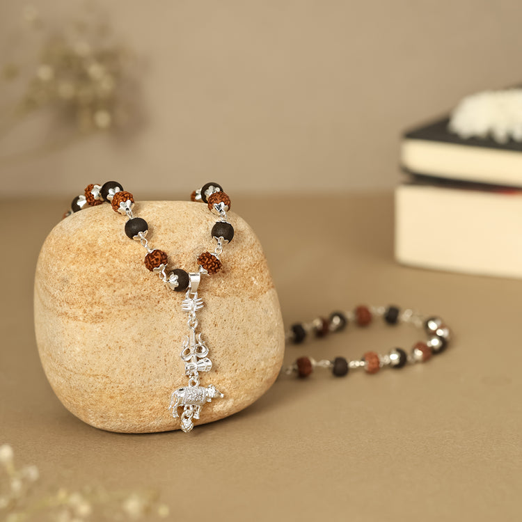 Rudraksha Karungali Malai (Silver-Cap) with Shiv Trishul & Nandi Pendant in Silver Finish