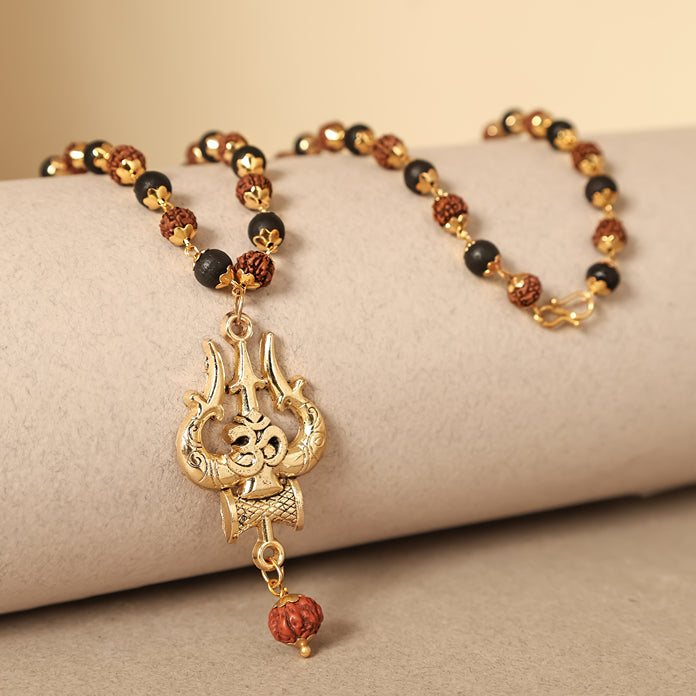 Rudraksha Karungali Malai in Gold-Cap with Shiv Trishul & Rudraksha Pendant 54B