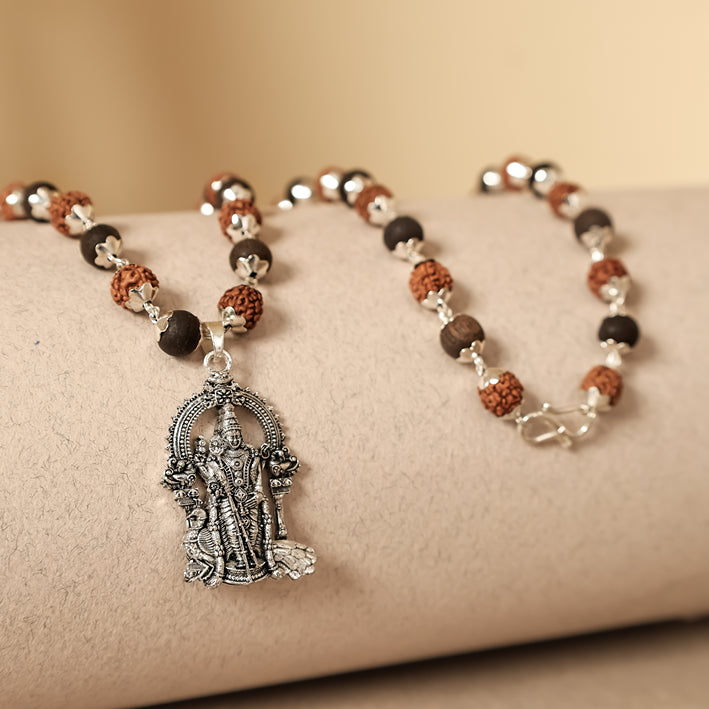 Rudraksha Karungali Malai in Silver-Cap with Lord Murgan Pendant 54B