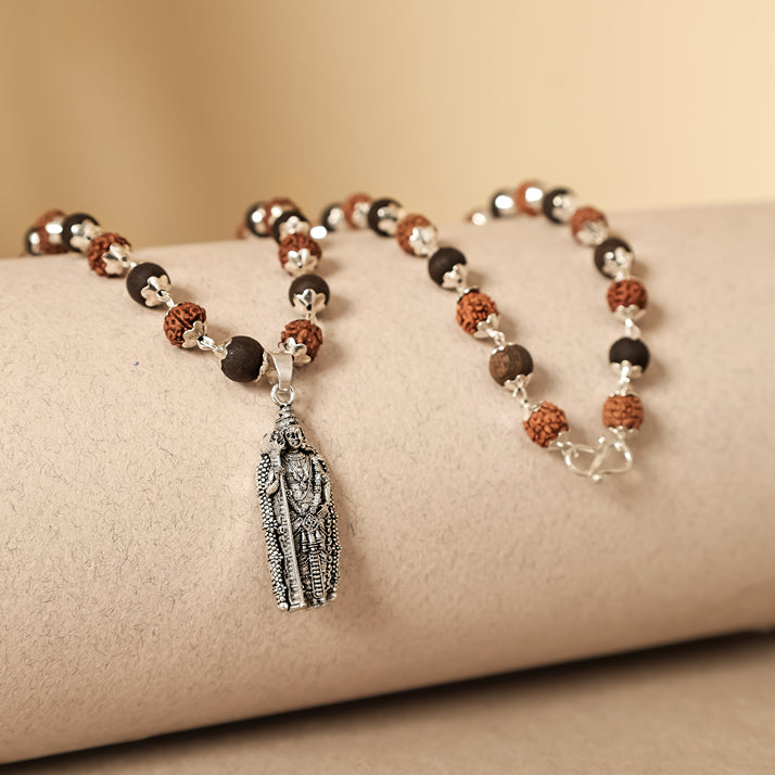 Rudraksha Karungali Malai in Silver-Cap with Murgan Shakti Pendant 54B