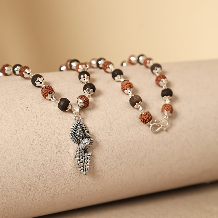 Rudraksha Karungali Malai in Silver-Cap with Vel Peacock Pendant 54B
