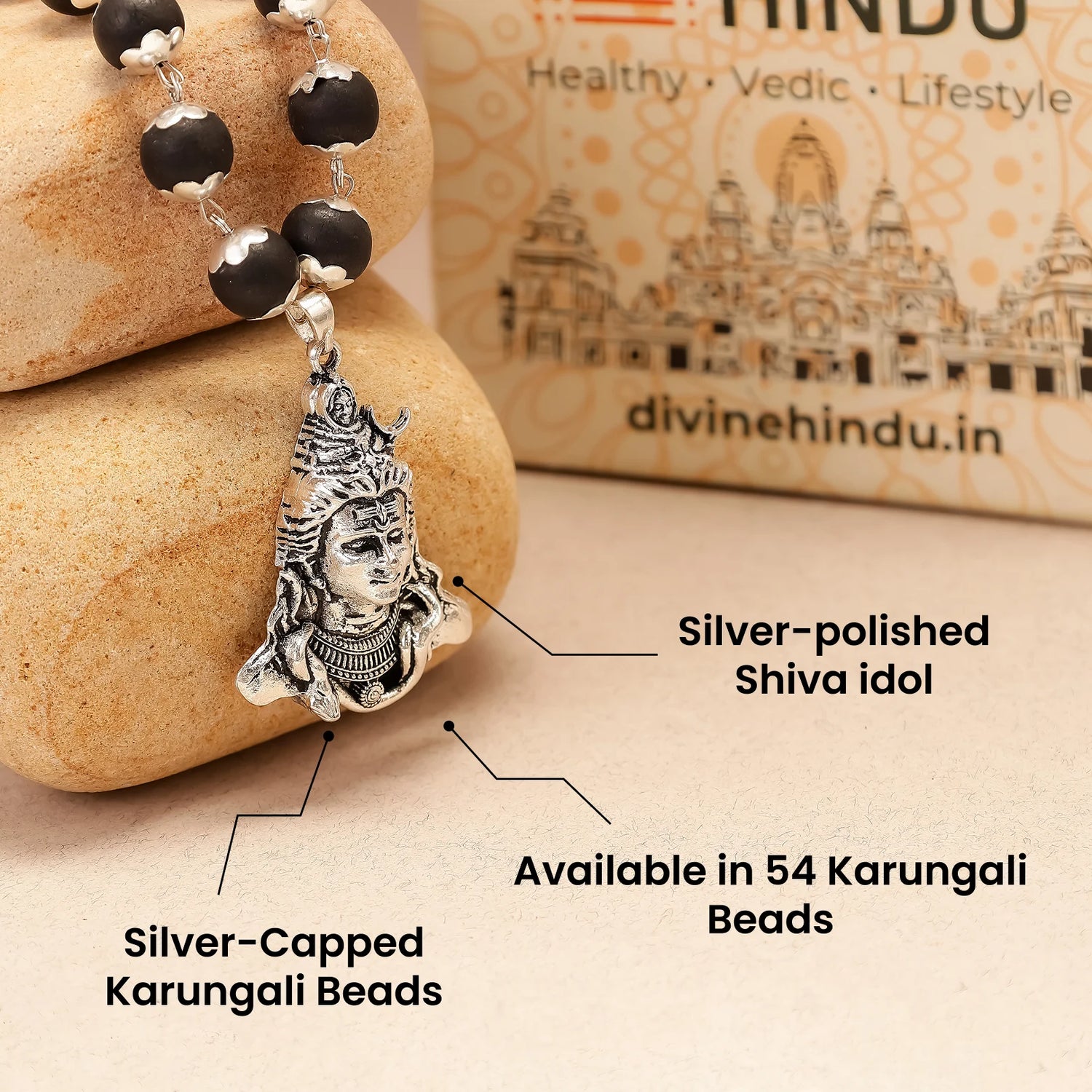 Shiv Pendant Karungali Malai Silver Cap Necklace with Govt. Certification