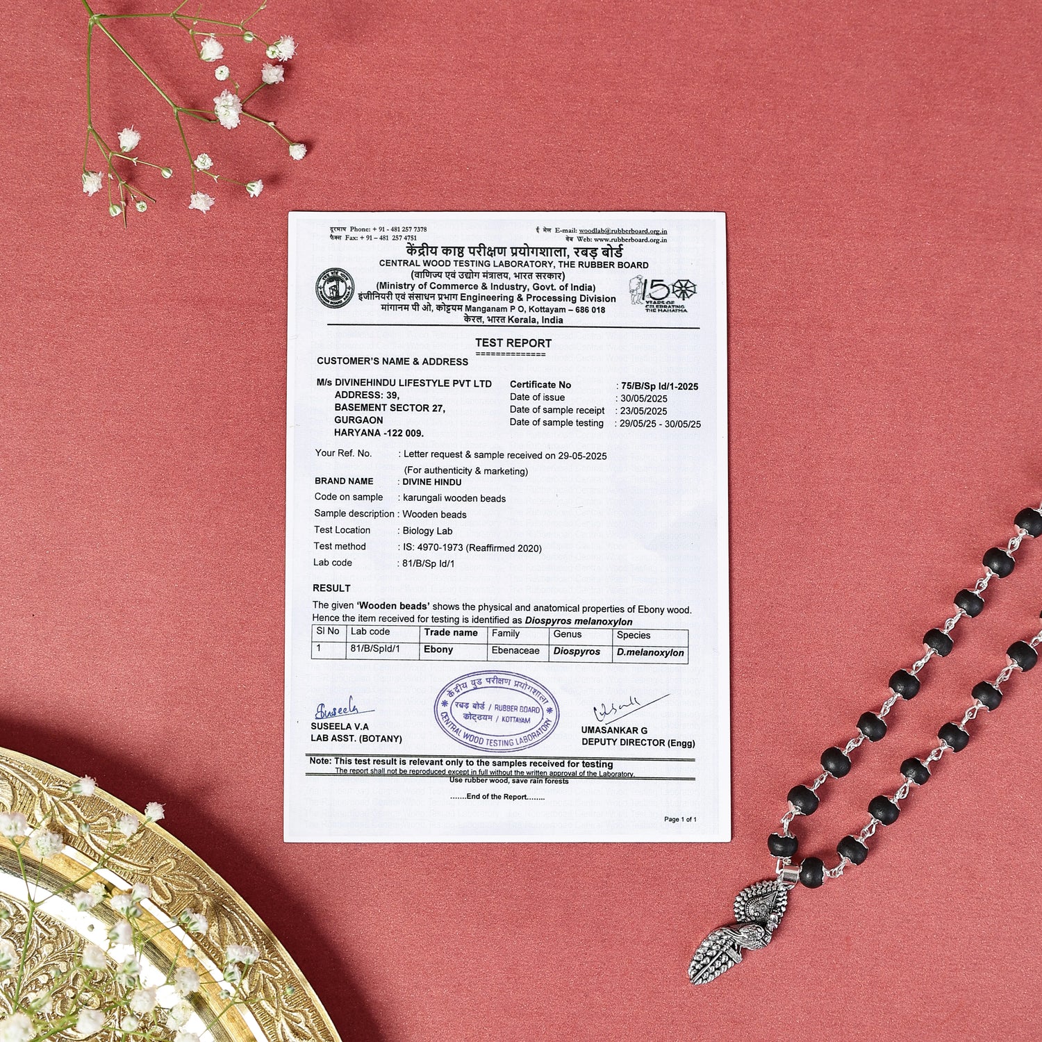 Silver Cap Karungali Mala with Vel Peacock Pendant