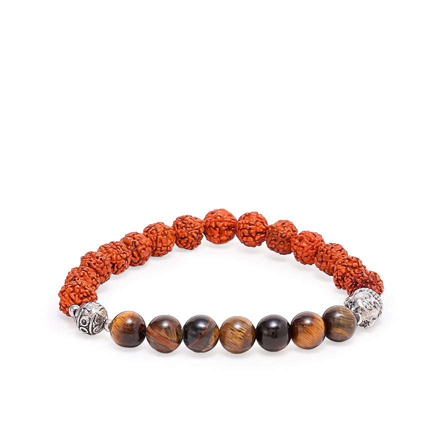 Spiritual Harmony Bracelet - Tiger's Eye, Rudraksha, and Buddha Symbol