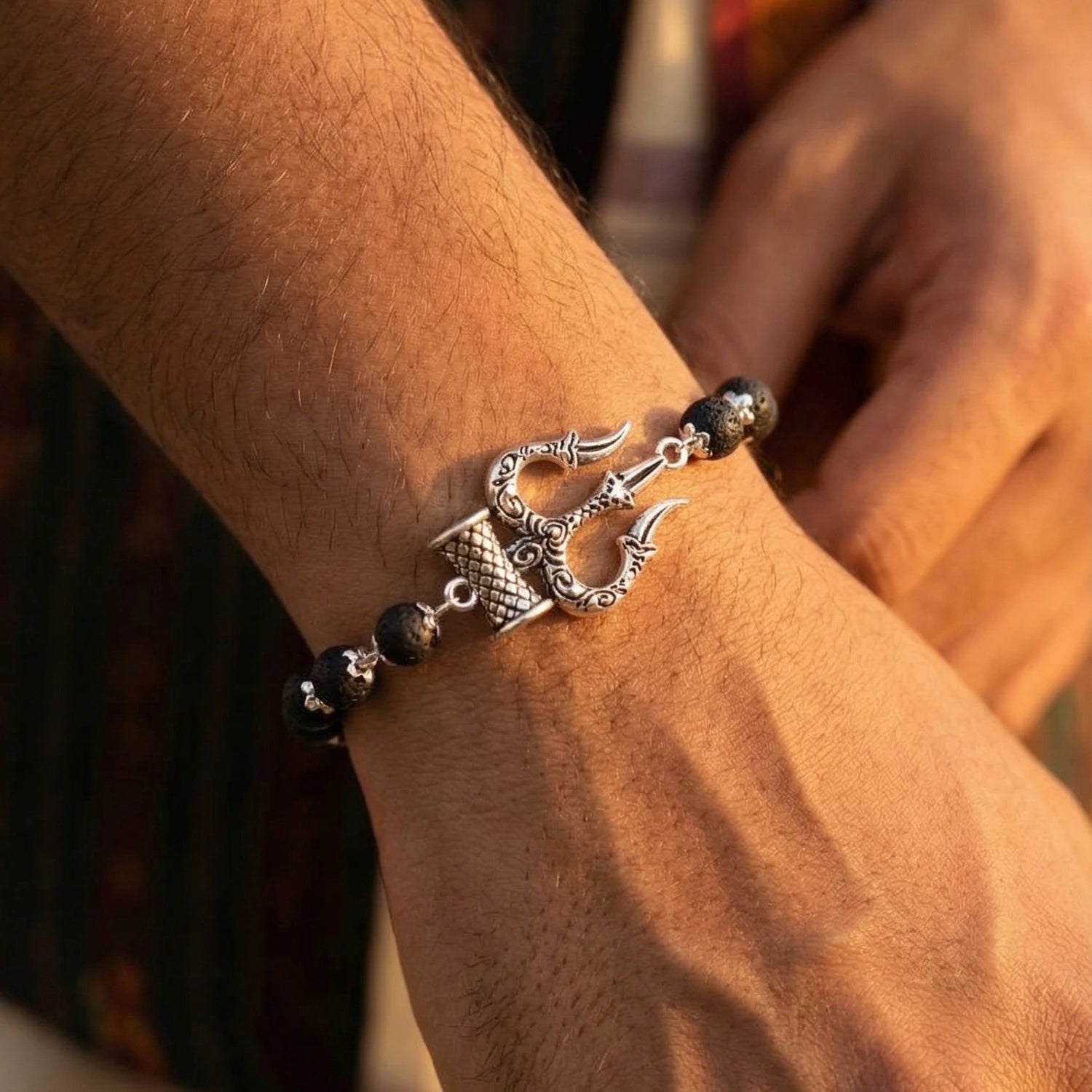 Silver Cap Karungali Trishul Damroo Bracelet