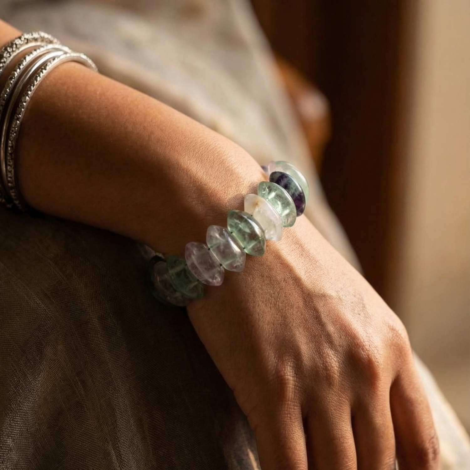 Green Aventurine,Clear Quartz and Amethyst Oval Cut Bracelet