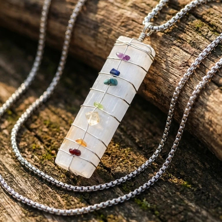 7 Chakra Stone Pendant with Selenite Plate