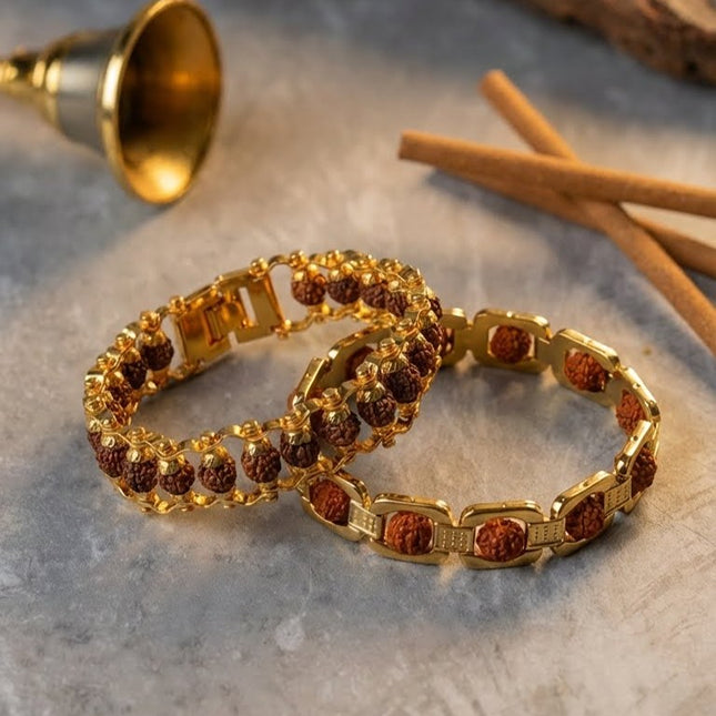 Dhana-Lakshmi Sangam: Square Gold-Plated Rudraksha & Rudraksha Chain Bracelet Combo