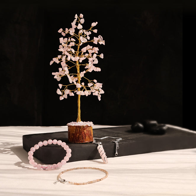 Rose Quartz Healing Combo with Crystal Tree, Locket, Bracelet and Anklet for Love and Emotional Balance