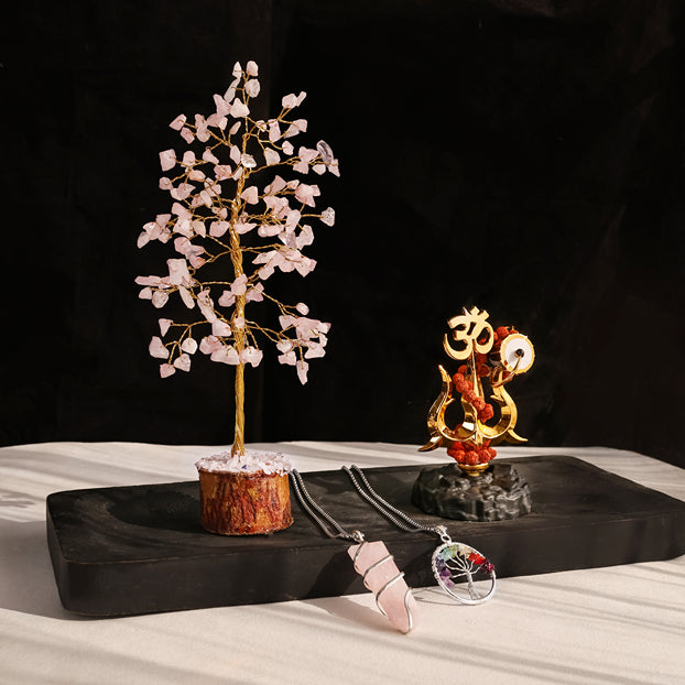 Divine Healing and Protection Combo with Rose Quartz Tree, Shiv Trishul Damroo Rudraksha and 7 Chakra Pendant