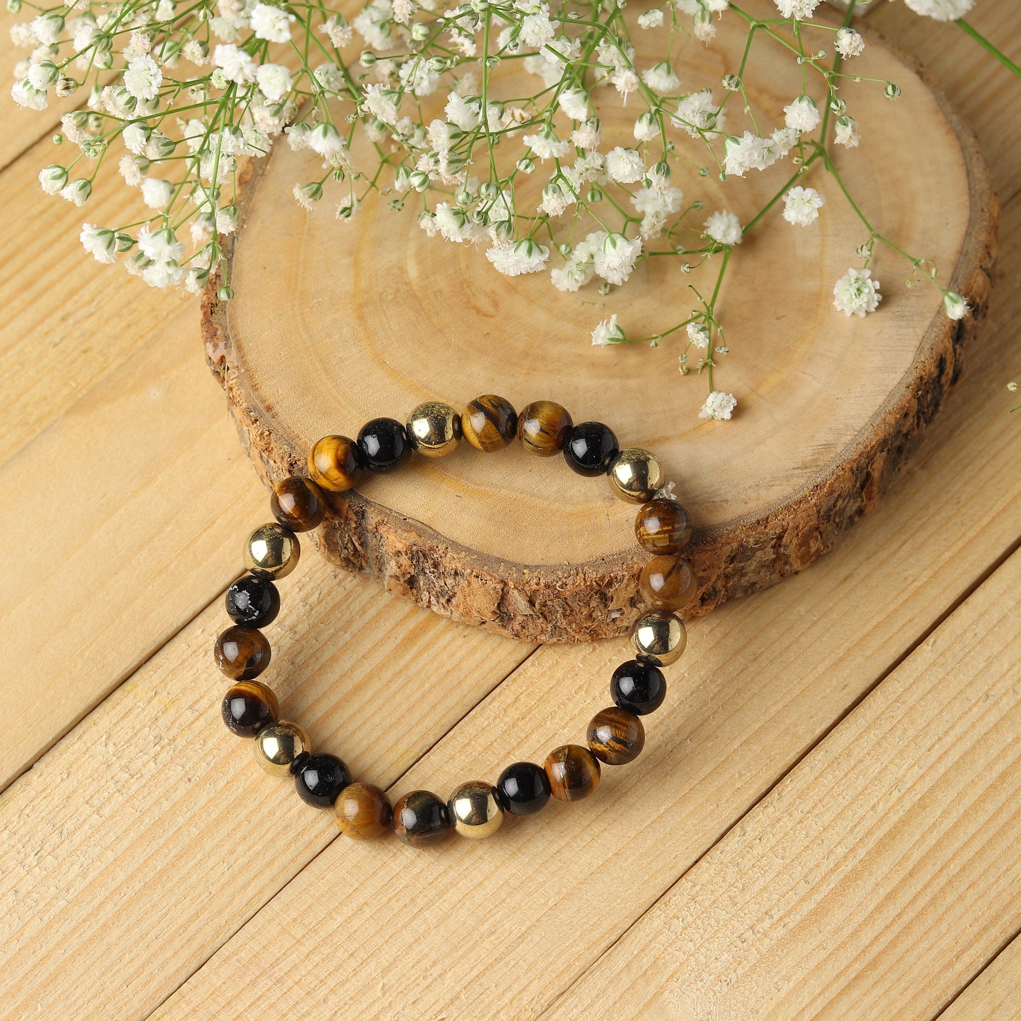 Top Plaza Men's Cross Bracelet With Tiger Eye & Black Obsidian Stones - 8mm Spiritual Energy Jewelry