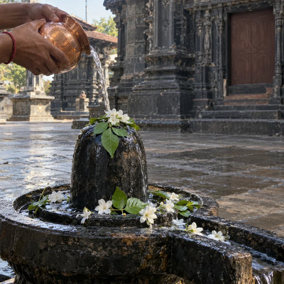 Water poured from a copper lota over a black stone Shivling with bilva leaves