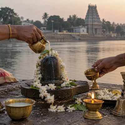 Amaralingeswara Abhishekam: milk and honey beside a flower-garlanded Shivling