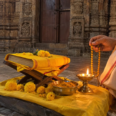 A yellow-wrapped scripture with marigolds, turmeric and a mala for a Devi path