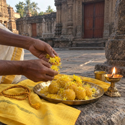 Yellow flowers, turmeric rice and yellow sweets offered for a Baglamukhi puja