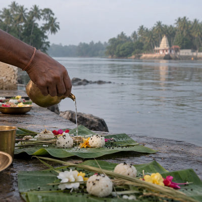 Bali Tharpanam on Your Behalf: bali tharpanam on a river bank with rice balls and sesame