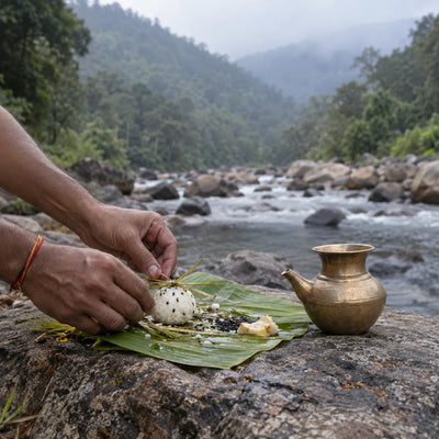 Bali Tharpanam on Your Behalf: bali tharpanam on a rock beside a mountain stream