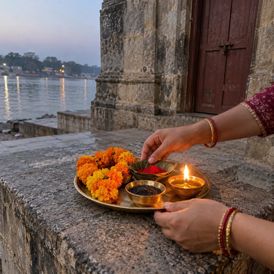 Sindoor, a marigold garland, sesame and a mustard-oil diya offered on a stone ledge