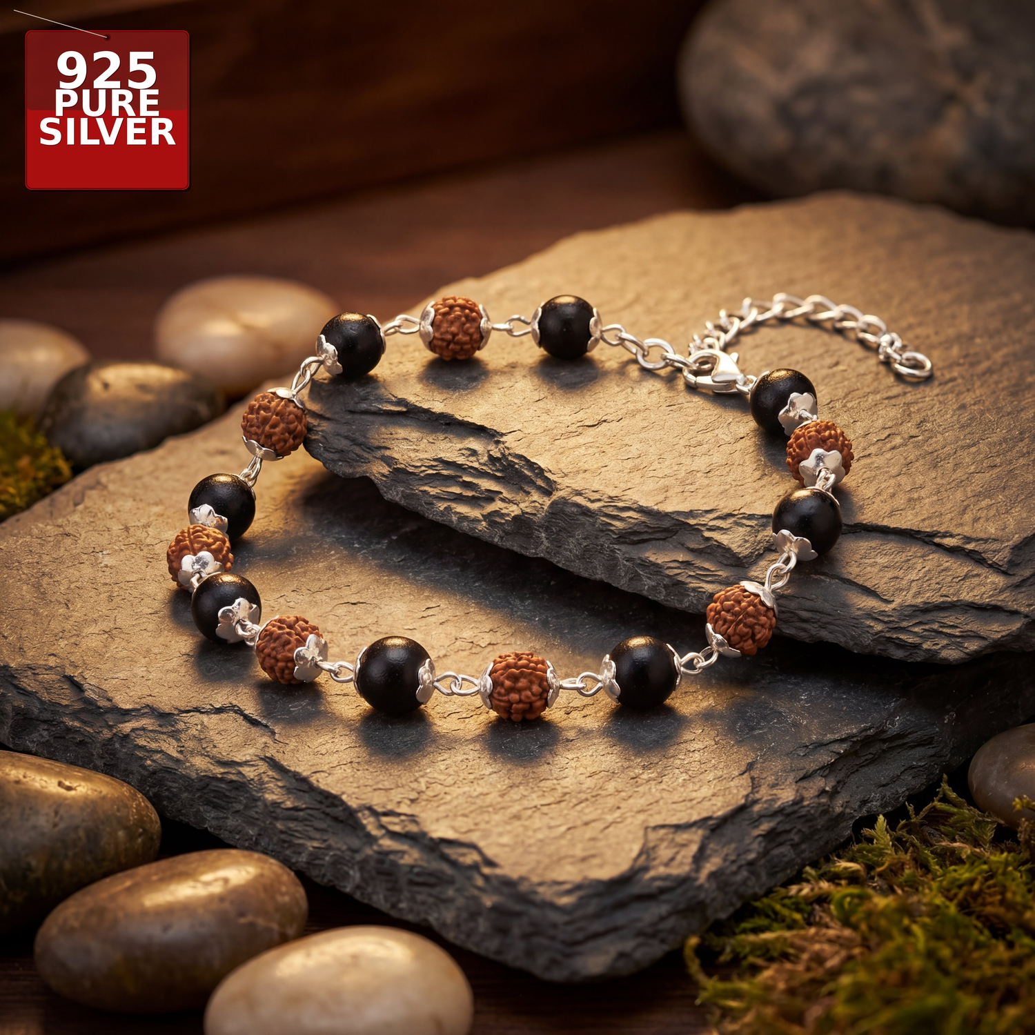 Hallmarked S925 Pure Silver Rudraksha Karungali Bracelet