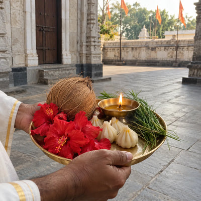 Brass offering plate with red hibiscus, modaks, durva and a coconut held in a priest’s hands