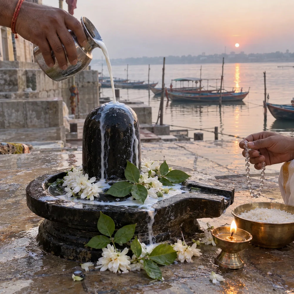 Milk poured over a Shivling with white flowers and a crystal mala for Chandra jaap