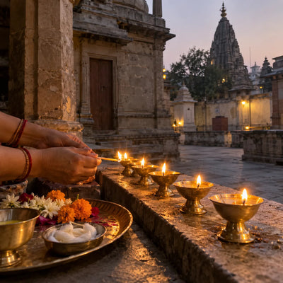 Hands lighting a row of ghee lamps in brass holders on a stone ledge at dusk