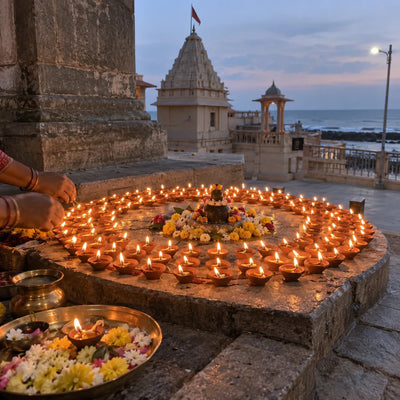 108 clay diyas glowing in a circular deepmala