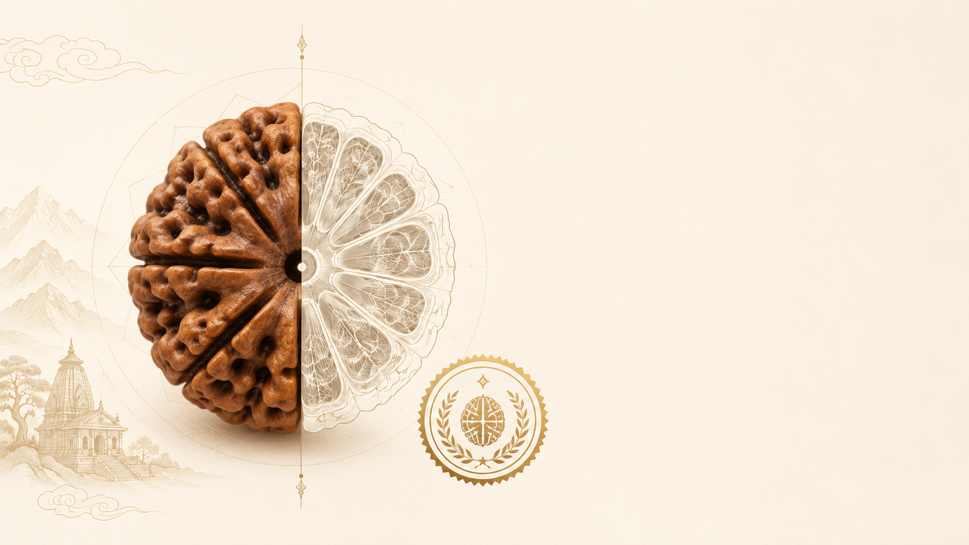 Half natural, half X-ray view of a Rudraksha bead — the inner seed chambers a fake can never fake