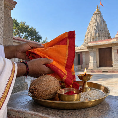 A folded saffron-and-red temple flag on a brass plate with kumkum and a coconut