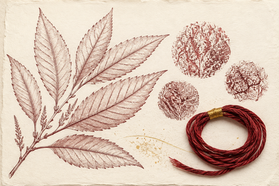 Conceptual botanical illustration inspired by Rudraksha leaves and seed textures, with coiled maroon prayer thread on ivory handmade paper; not a specimen identification image.