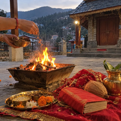 Hands offering samagri into a havan fire beside a red-wrapped pothi, red chunri and brass kalash
