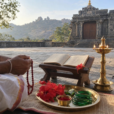 Open scripture, a mala, red hibiscus and a samai lamp for Durga Saptashati samput path