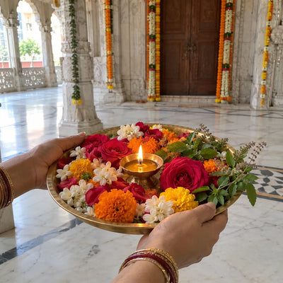 A brass thali of roses, marigolds and jasmine with tulsi sprigs and a small ghee diya