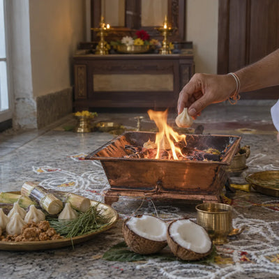 Ganapati Homam for a New Beginning: a Ganapati homam fire with modakams, coconut and durva grass
