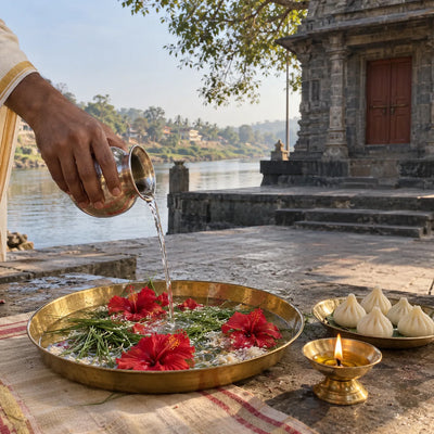 Water poured from a silver kalash over hibiscus and durva grass for Ganesh abhishek
