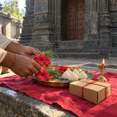 Hibiscus, durva grass and modaks offered beside a brass lamp and a prasad box
