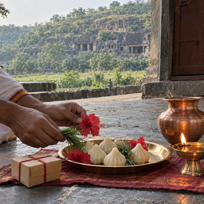 Red hibiscus and durva offered on a plate of modaks beside a prasad box and ghee diya